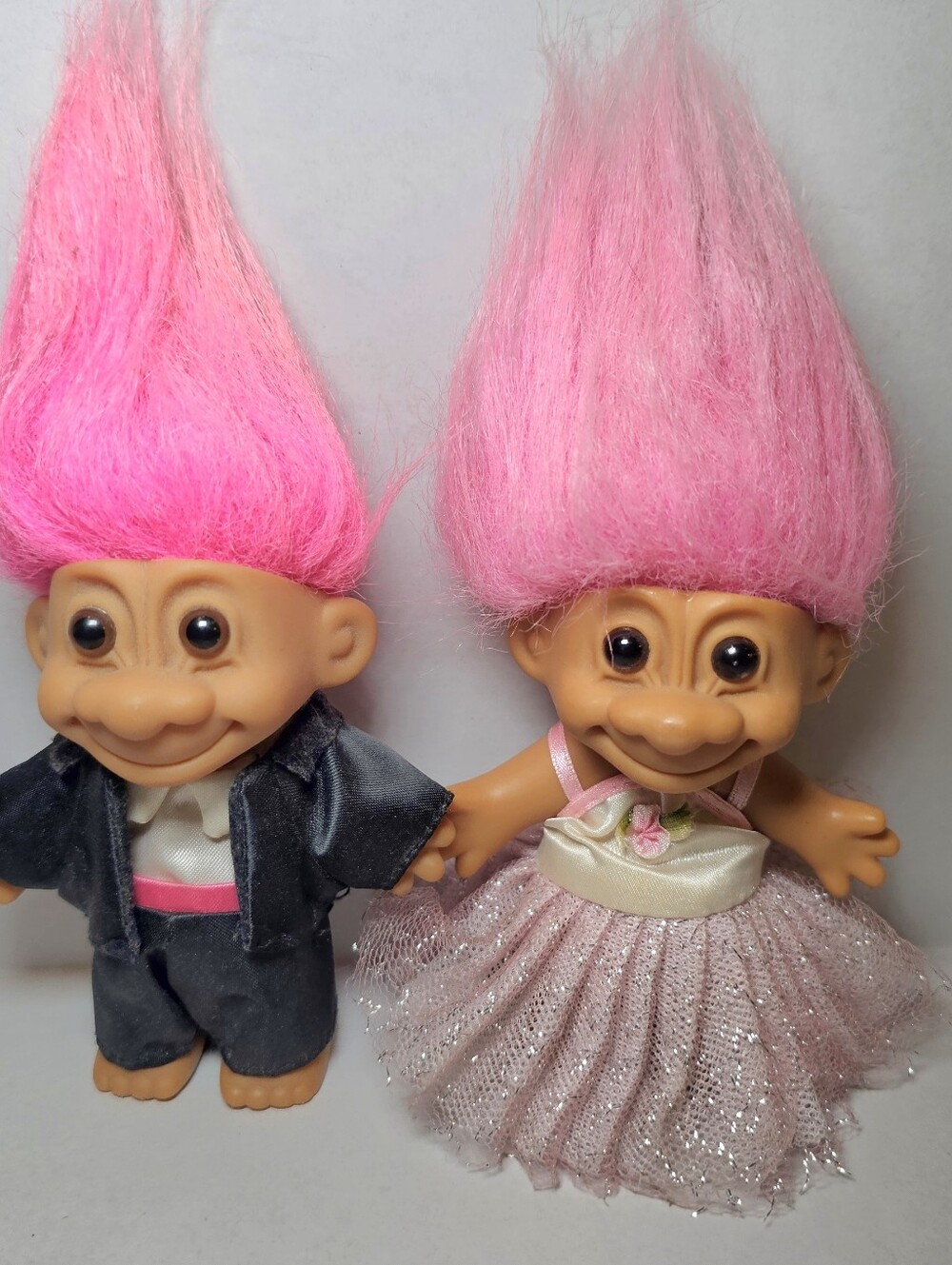 Vintage Troll Dolls Russ Wedding Party Bride Groom Pink Hair Tux Dress